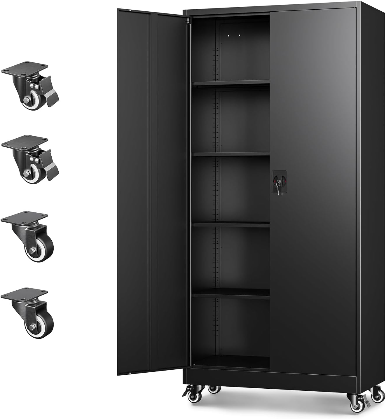 Office Storage Cabinet - ローリングメタルガレージ収納キャビネット、頑丈なスチール製ツールキャビネット、ロック付きドアと調整可能な棚、家庭、オフィス、倉庫、作業場用の多機能オーガナイザー、ブラック