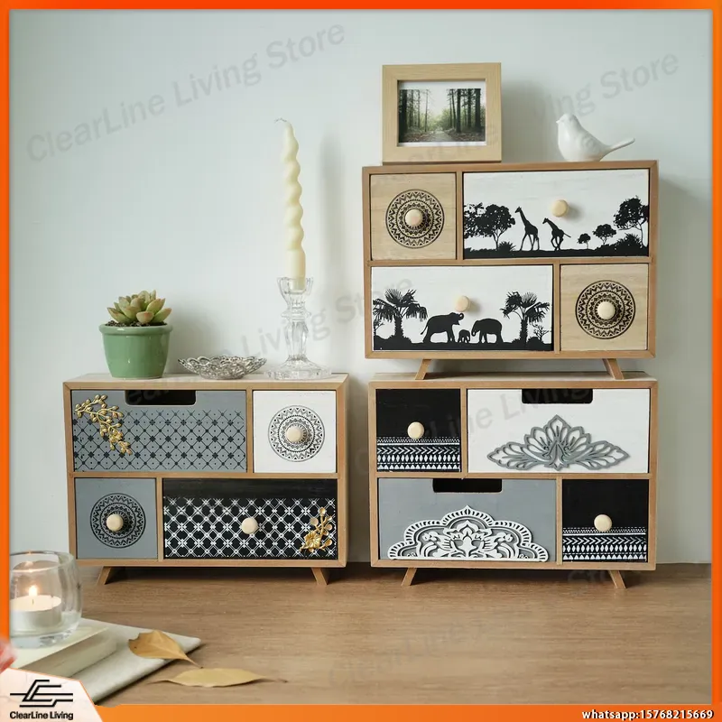 Office Storage Cabinet - 木製デスクトップ引き出しロッカー、彫刻された部族模様のオフィス収納キャビネット、雑貨オーガナイザー、研究室用器具用ドレッサー