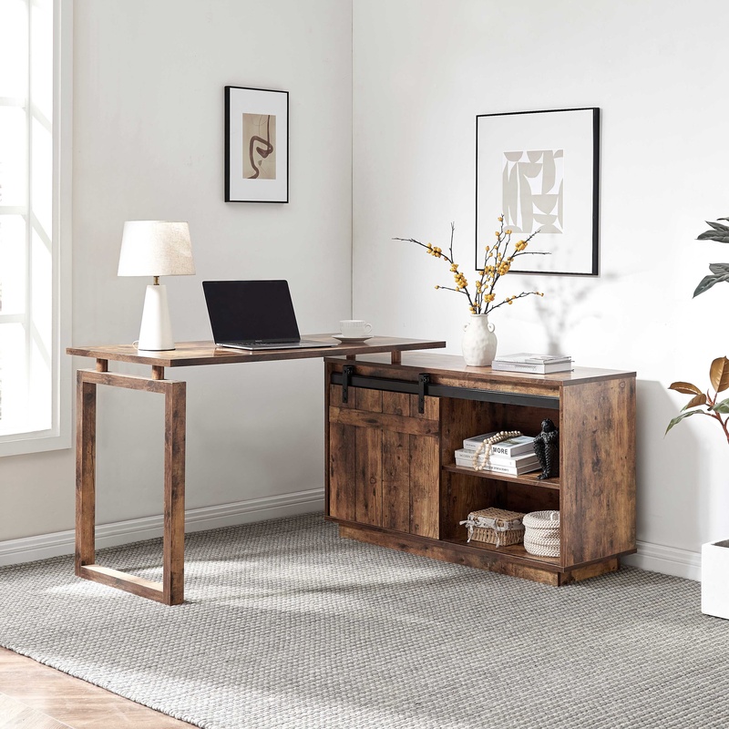 Office Furniture Credenza - L字型デスク、クレデンザ収納付き、スライド式納屋戸、リバーシブル加工のアンティーク調木製仕上げ