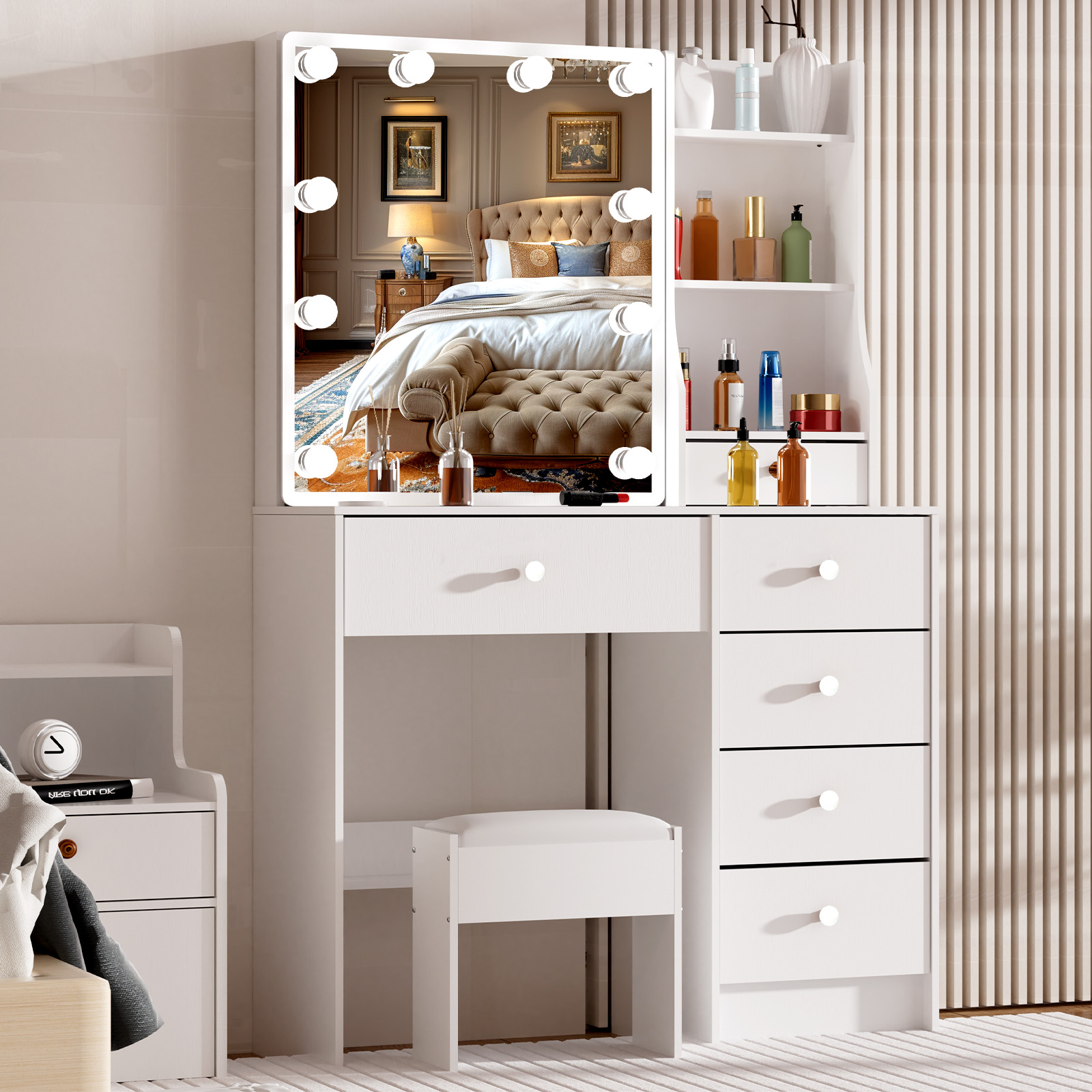 Office Furniture Credenza - モダンな白い化粧台、LEDライト付きミラー、6つの収納引き出しと快適なスツール付き、寝室用ドレッシングテーブルセット