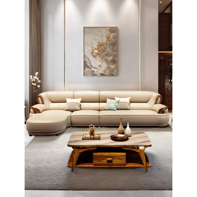 Office Furniture First - 新しい中国風黒檀革製ソファコーナーファーストレイヤー牛革モダンシンプル無垢材ライトラグジュアリーリビングルーム