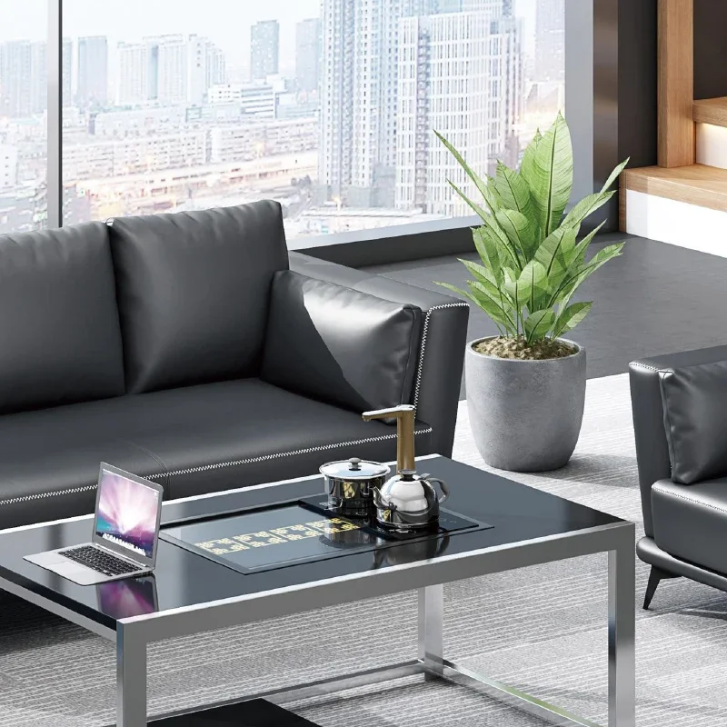 Office Furniture Group - 黒革のマルチプレイヤーグループオフィスソファ、学校のフロントデスク受付、軽奢でモダンなオフィス家具