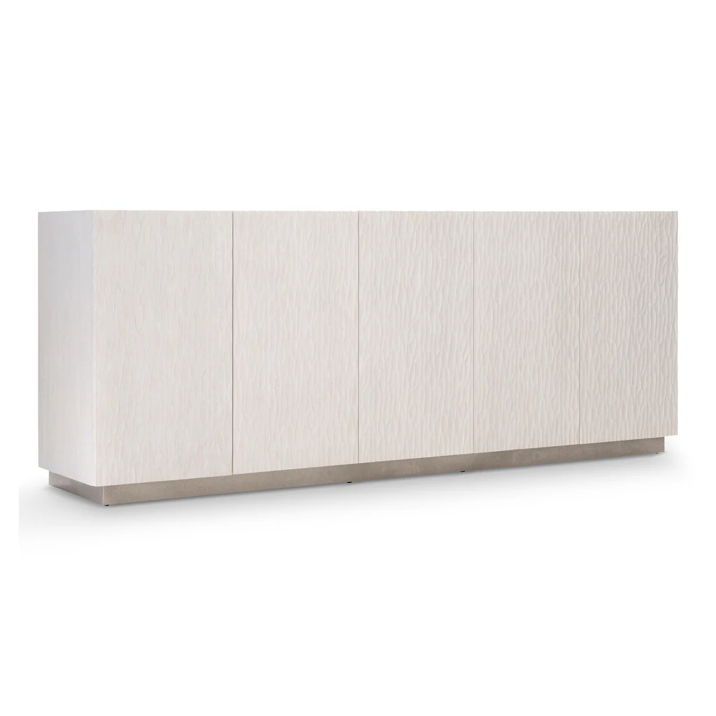 Office Furniture Credenza - モダンな白い波状テクスチャのテレビスタンドクレデンザ、高級木製収納クレデンザ、ステンレススチールベース付き、家庭およびオフィス用