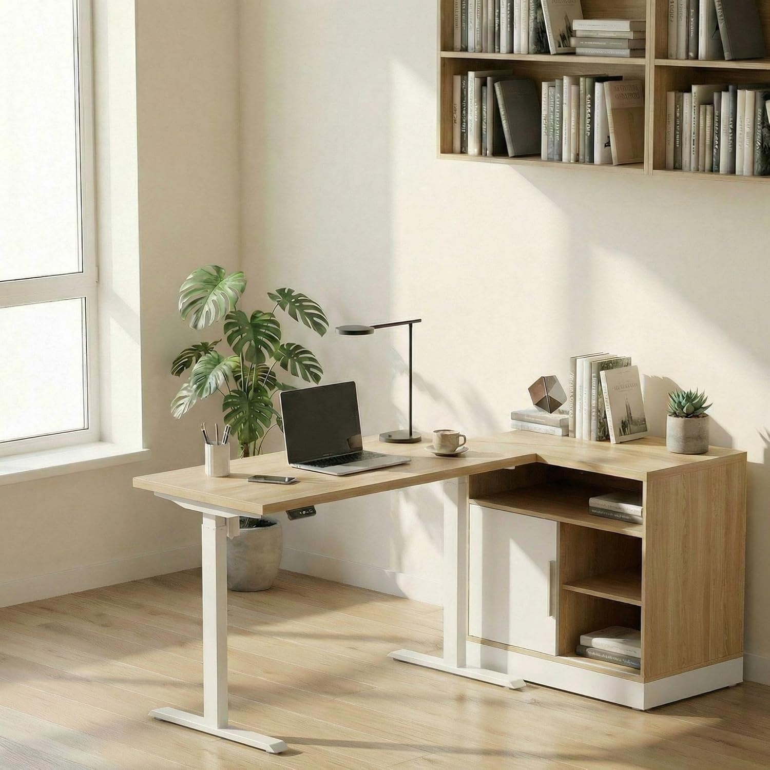 Office Furniture Credenza - 電動昇降式スタンディングデスク（収納キャビネット付き）、高さ調節可能なエグゼクティブデスク（クレデンツァ付き）、ホームオフィス、カスタマイズ可能