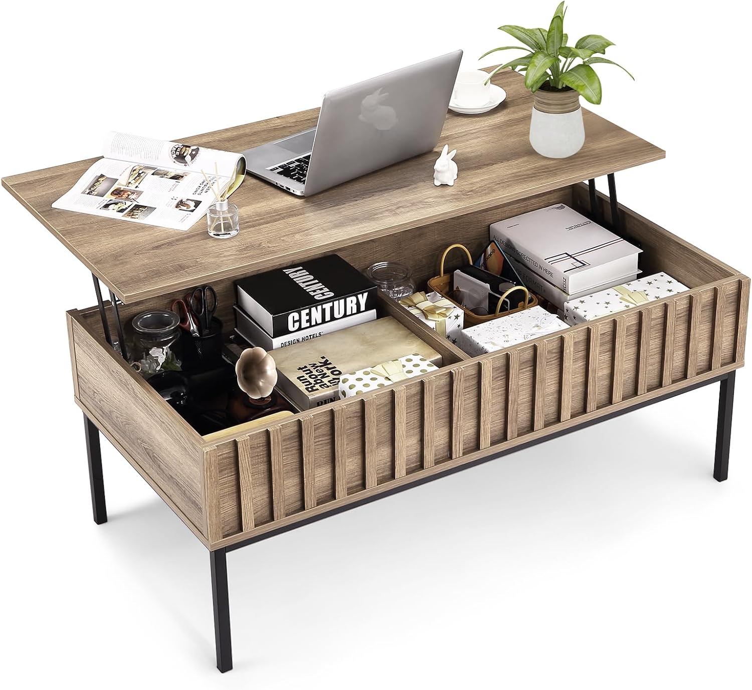 Office Furniture Center - 隠しコンパートメント付き木製リフトトップコーヒーテーブル、ホームオフィス用の取り外し可能な収納棚付きセンターカクテルダイニングテーブル、モダンなインダストリアルファームハウススタイルのラウンジ家具、チーク材と黒色