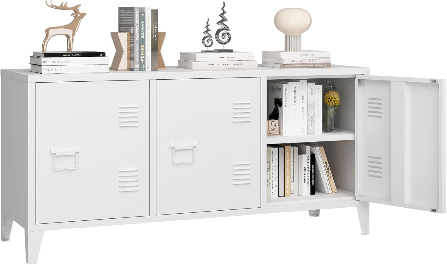 Office Furniture Credenza - モダンなテレビスタンドエンターテイメントセンター、3つのドアと調節可能な棚付きの金属製収納ロッカーキャビネット、リビングルーム、寝室、オフィス家具用のクレデンツァメディアコンソールスタンド、ホワイト