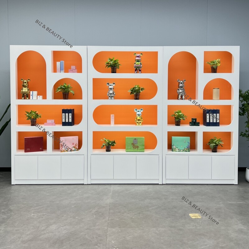 Office Furniture Images - カスタムハイグロスラッカー化粧品ディスプレイキャビネット - ミニマリストスキンケア製品ショーケース モダンレセプションイメージウォールシェルフ JT40