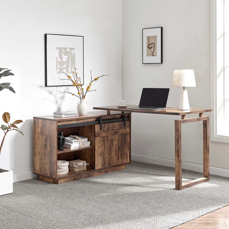L字型デスク、クレデンザ収納付き、スライド式納屋戸、リバーシ - Office Furniture Credenza のレビューと価格