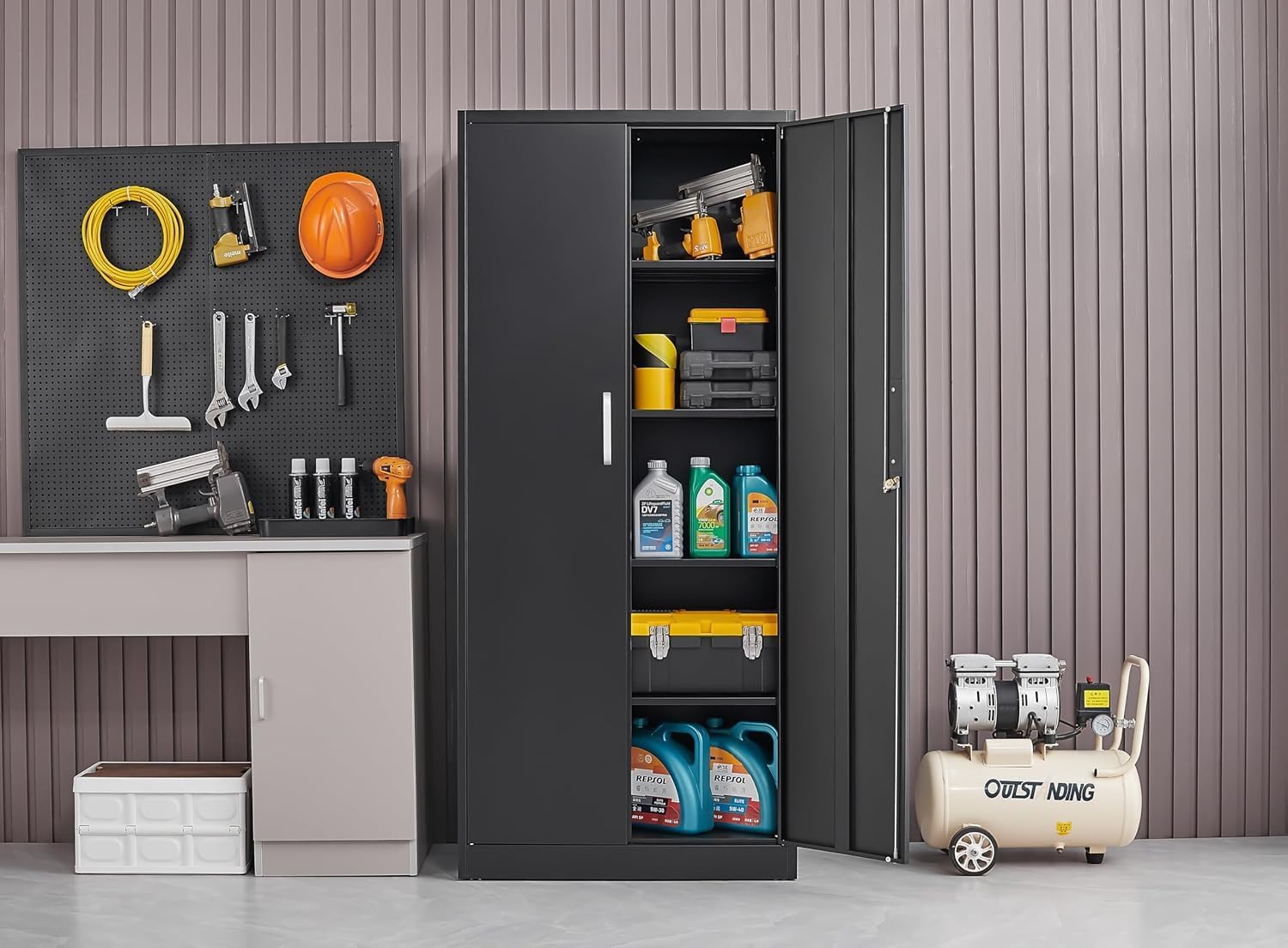 調節可能な棚付き金属製収納キャビネット ドアと棚付きの黒いガ - Office Storage Cabinet のレビューと価格