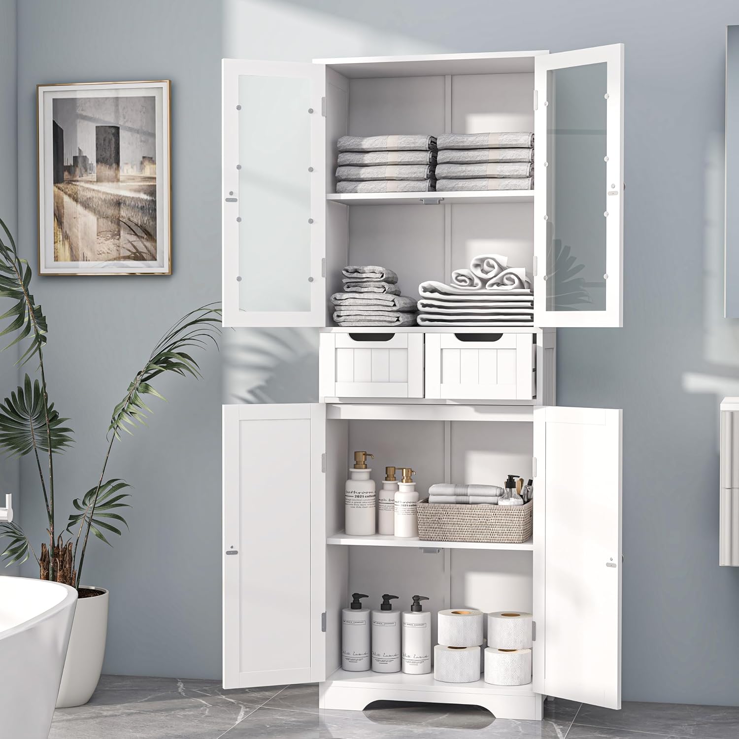 背の高いバスルーム収納キャビネット、ガラス扉付き自立型バスル - Office Storage Cabinet のレビューと価格