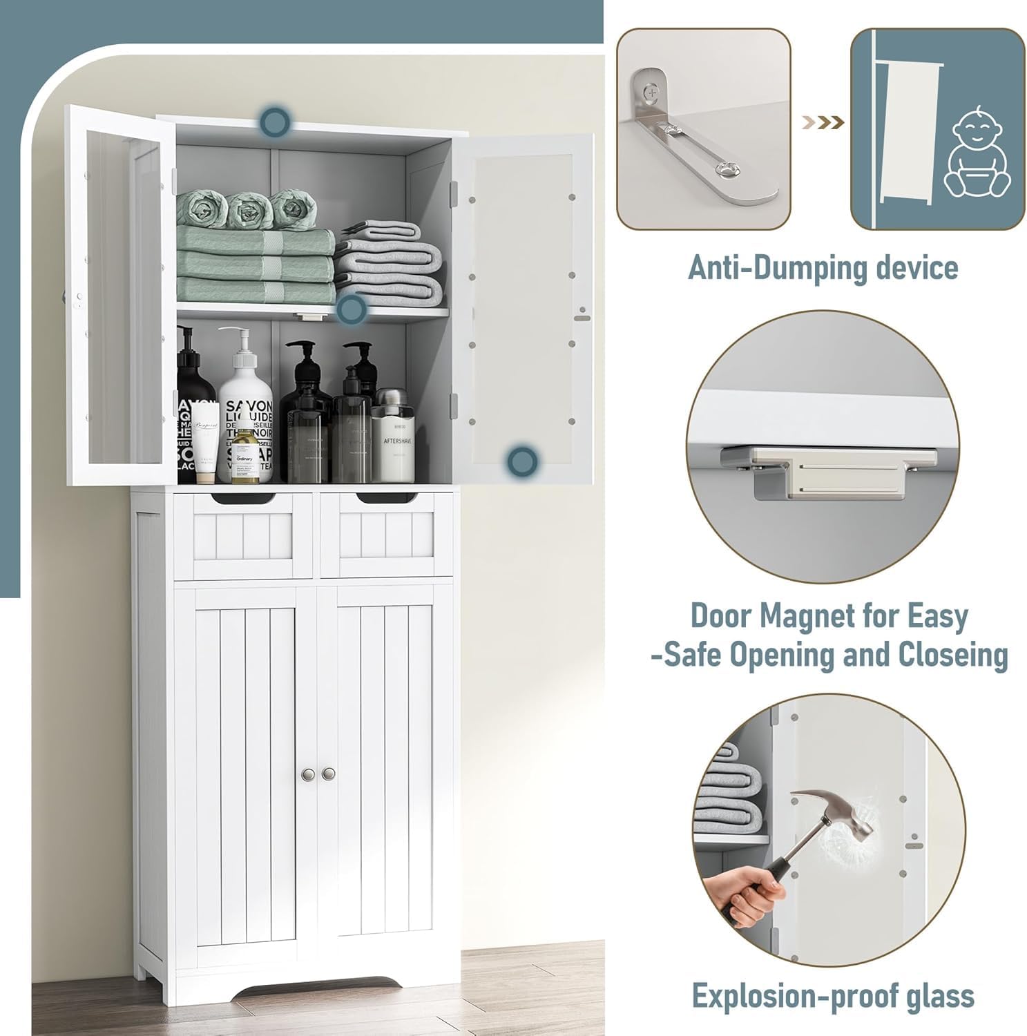背の高いバスルーム収納キャビネット、ガラス扉付き自立型バスル - Office Storage Cabinet のレビューと価格